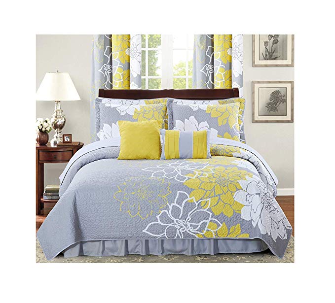 All American Collection New 6 Piece Printed Reversible Bedspread Set with Dust Ruffle (Yellow/Grey, Queen Size)