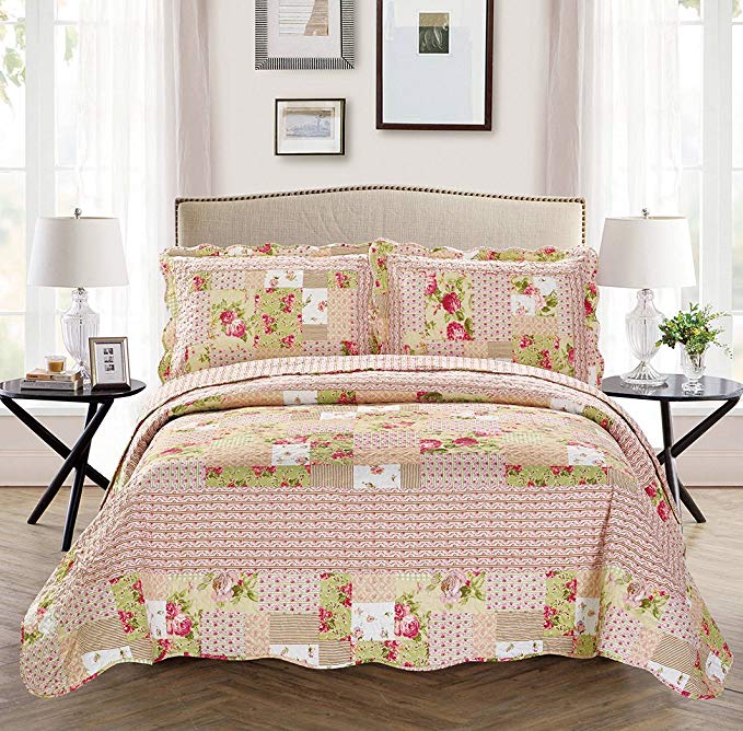 Mk Collection 3pc Full/Queen Oversize Reversible Quilted Bedspread Set Floral Patchwork Beige Pink Green White New