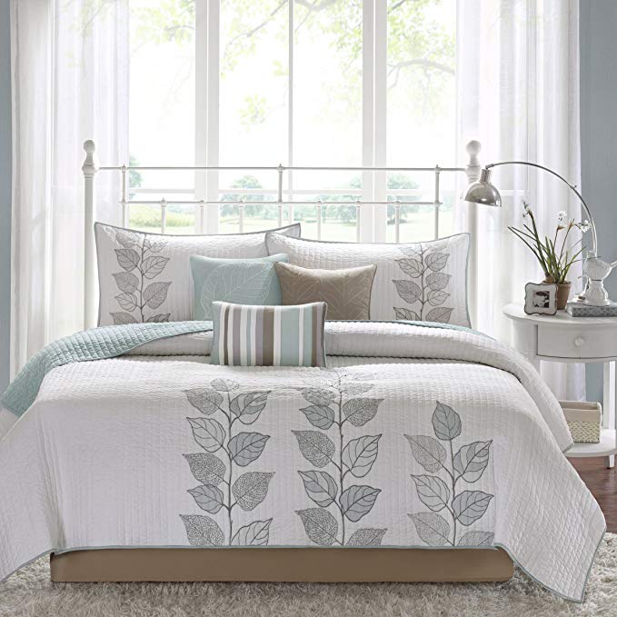 Madison Park Caelie Queen Size Quilt Bedding Set - Aqua, White, Leaf Embroidery – 6 Piece Bedding Quilt Coverlets – Ultra Soft Microfiber Bed Quilts Quilted Coverlet