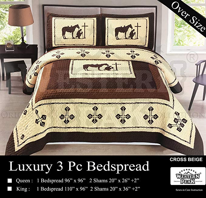 Western Peak 3 Pcs Western Texas Cross Praying Cowboy Cabin Lodge Barbed Wire Luxury Quilt Bedspread Comforter Brown Beige (Queen)