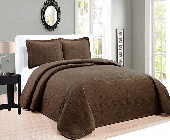 Mk Collection 3pc King/California King Oversize Luxurious Embossed Coverlet Bedspread Set Solid Brown/Coffee New