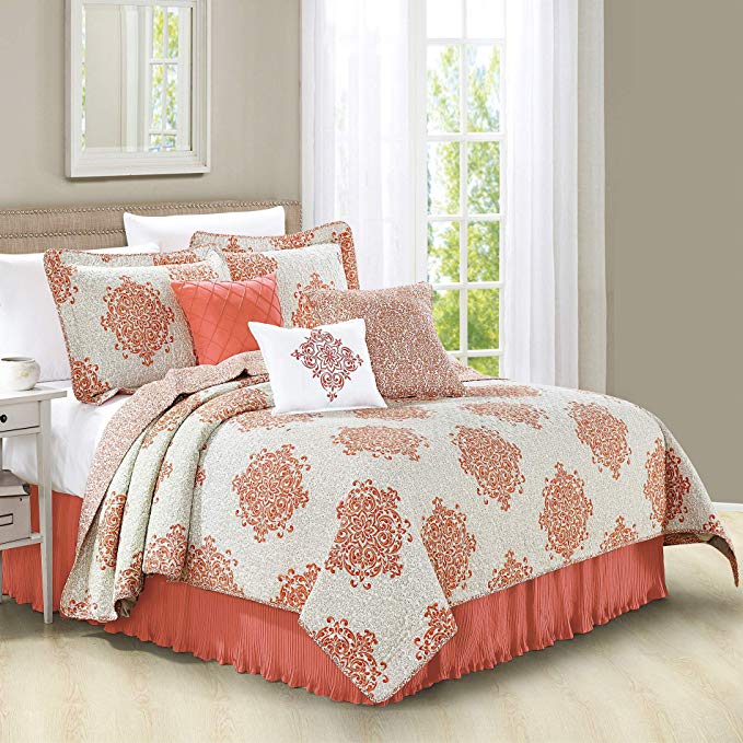 Home Soft Things Serenta 6 Piece Chelsea Printed Microfiber Quilts Coverlet Set, King, Coral