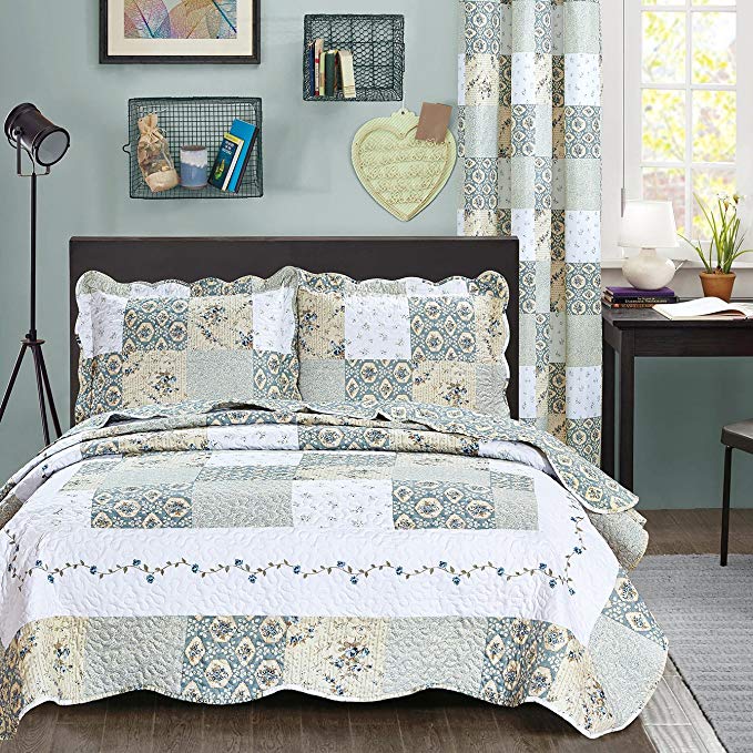 All American Collection New Reversible 3pc Floral Printed Patchwork Blue/Green Bedspread/Quilt Set