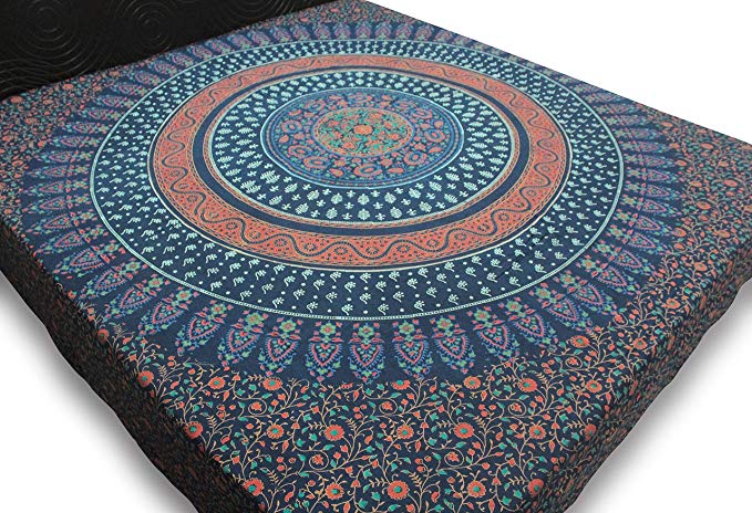 Cotton Block Printed California King Large Bedspreads Ethnic Tapestry Bedding Hippie Gypsy Bohemian Mandala Floral Navy Blue Bed Sheets Beach Throw 102 x 112 Inches