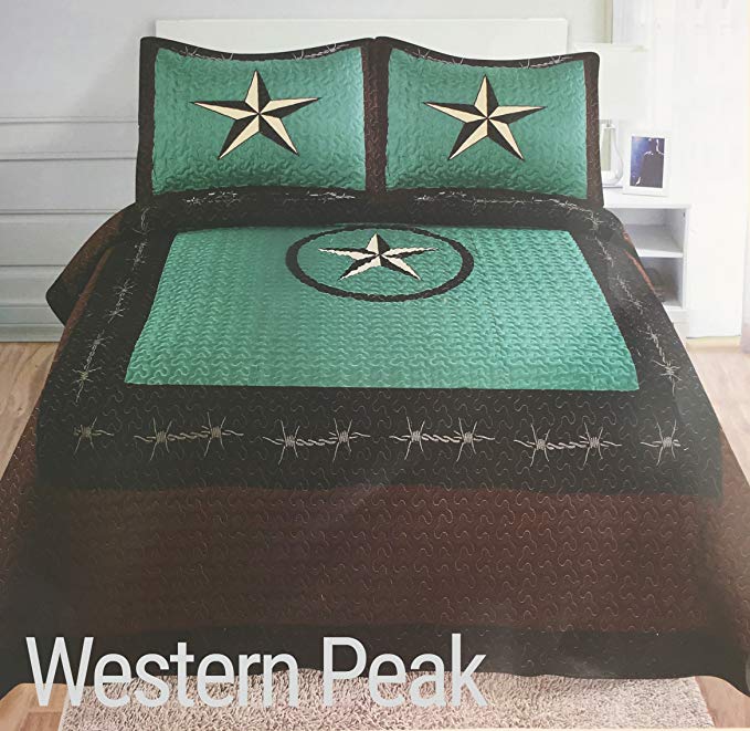 Western Peak 3 Piece Western Texas Lone Star Cabin Lodge Barb Wire Luxury Quilt Bedspread Coverlet Comforter Turquoise Brown Set (King)