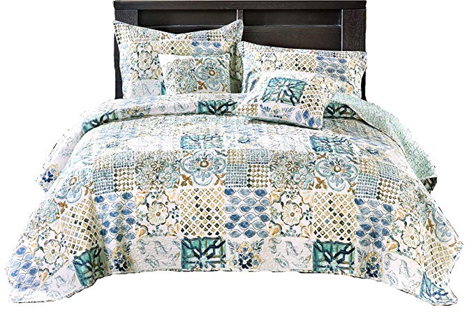 Tache Home Fashion Watercolor Spring Time Patchwork Quilted Coverlet Bedspread Set - Bright Vibrant Multi Colorful Blue White Floral Print - Full- 3-Pieces