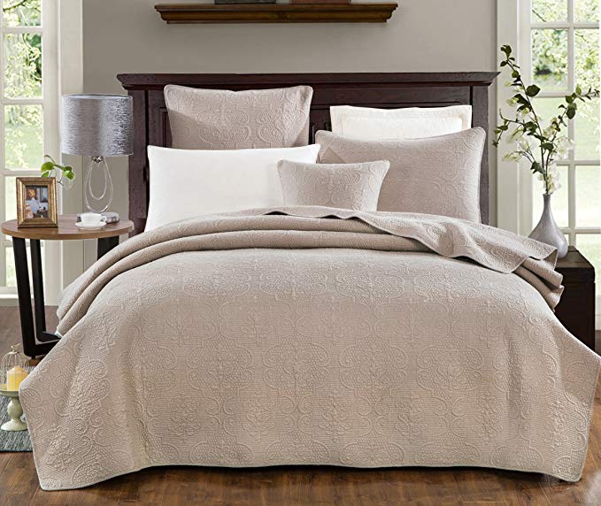 DaDa Bedding Elegant Bedspread Set - 100% Cotton Fabric, Floral Sand Dollar Quilted Coverlet - Textured Neutral Tan Beige Taupe - Twin - 2-Pieces