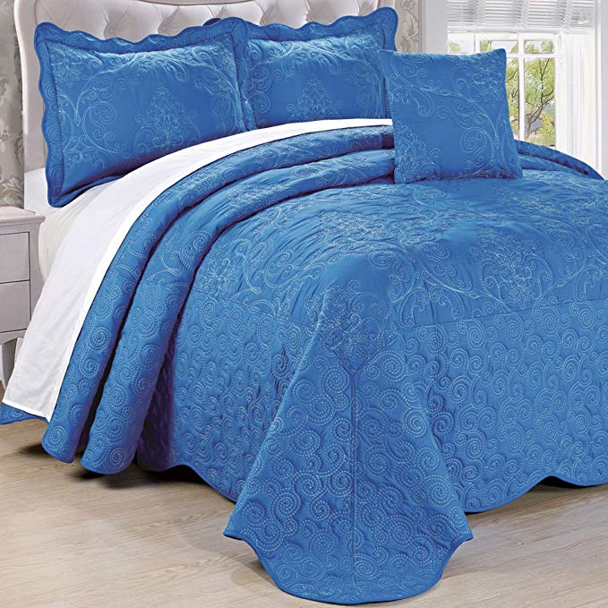 Serenta Damask 5 Piece Embroidery Coverlet Set with Floral Coral Stitching, Extra 18