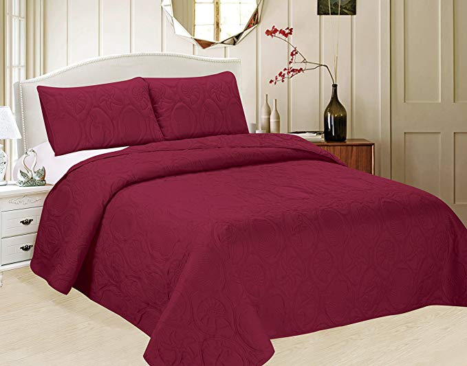 Royal Home 3 Piece Bedspread Set with Supersonically Stamped Ocean Star Patterns (Burgundy, Queen)