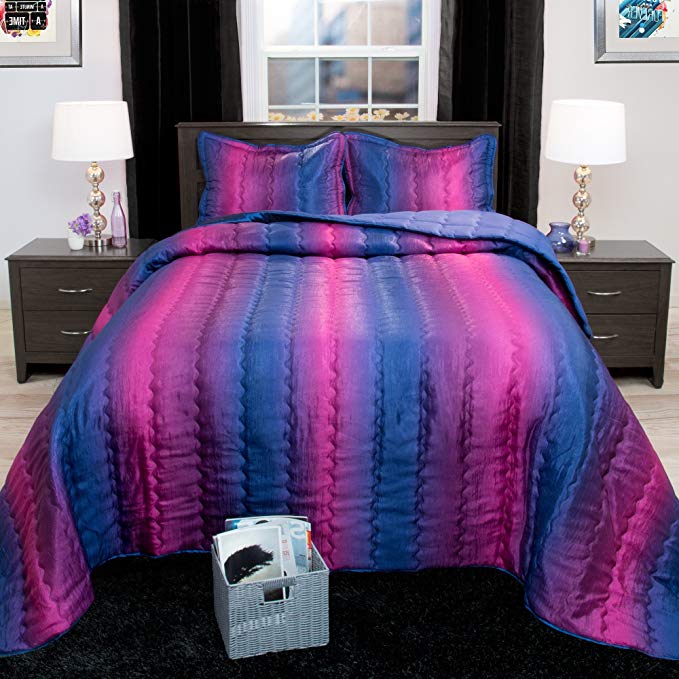 3 Piece Vibrant Metallic Striped Design Bedspread Set Full Size, Luxurious Geometric Vertical Stripes Lines Bedding, Modern Graphic Elegant Pattern, Warm Soft Microfiber Texture, Purple, Royal Blue