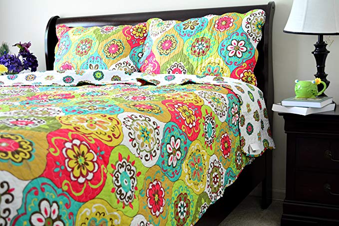 Tache Green Colorful Floral Geometric Leap into Summer Reversible 3 Piece Bedspread Set, California King