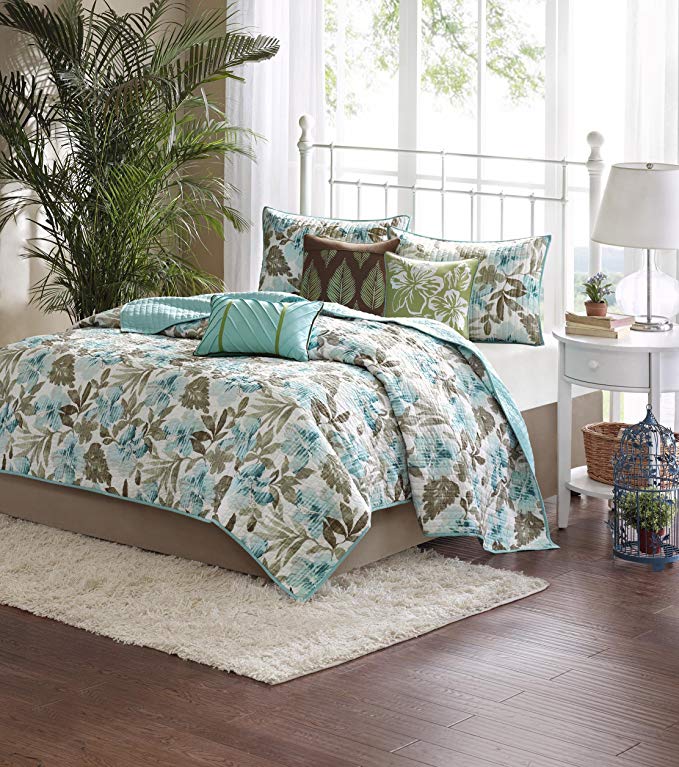 Madison Park Martinique Full/Queen Size Quilt Bedding Set - Teal, Taupe, Floral, Leaf – 6 Piece Bedding Quilt Coverlets – Ultra Soft Microfiber With Cotton Filling Bed Quilts Quilted Coverlet