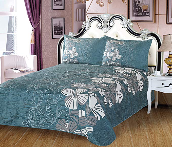 All American Collection New 3pc Reversible Embroidered Bedspread/Quilt Set with Rayon Fabric (Turquoise)