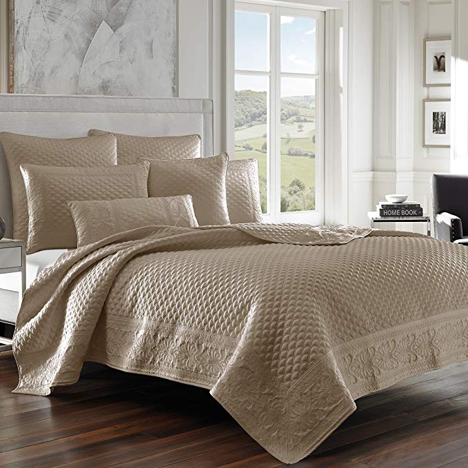 Five Queens Court Zarah Satin Damask Embroidered Coverlet Full/Queen, Taupe