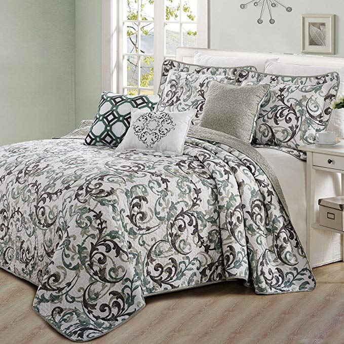 6 Piece Green White Floral Full Queen Coverlet Set, Black Geometric Graphic Floral Pattern Medallion Farmhouse Beautiful Oasis Scroll Patterns Kaleidoscope Design Shabby Chic Motif, Cotton Polyester