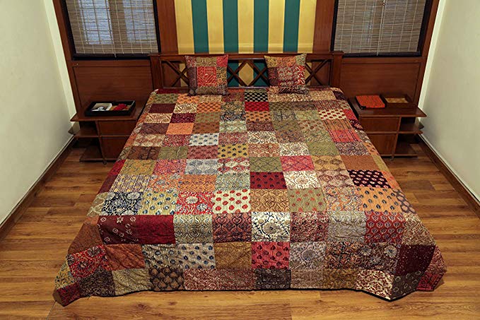 Hand block printed Kalamkari Cotton Quilted Patchwork Bedspread set with 2 Cushion covers