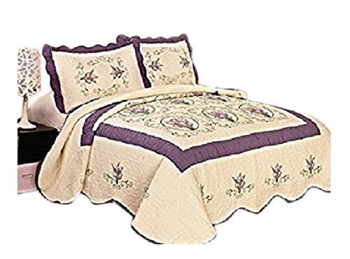 FineHome 3pcs Fully Quilted Embroidery Quilts Bedspread Bed Coverlets Cover Set, Queen King (Beige/Purple)