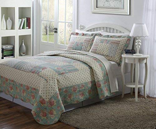 Legacy Decor King Size, 3 PCS Quilted Bedspread Coverlet, Light Blue, Taupe and Pale Yellow, Patchwork Floral Design