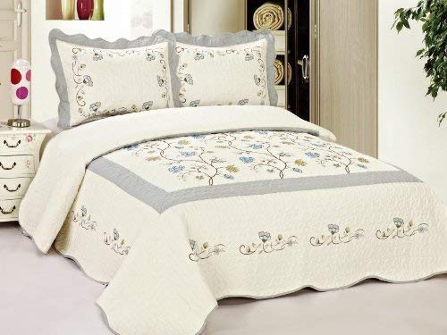 King Size Quilted Bedspread Blue Flowers Floral 0046