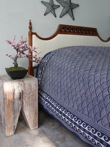 Pacific Blue ~ Navy Ocean Oriental Asian Inspired King Bedspread 108x90