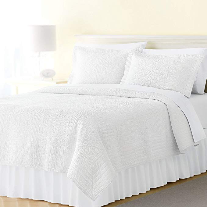 Auvoau Collection 3pc Luxury Bedspread Coverlet Embossed Bed Cover Solid New Twin Queen King (Queen, White)