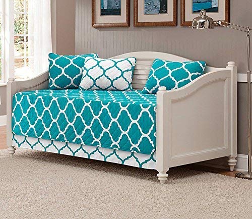 Fancy Collection 5pc DayBed Quilted Bedspread Coverlet Set Modern Geometric Turquoise/White New