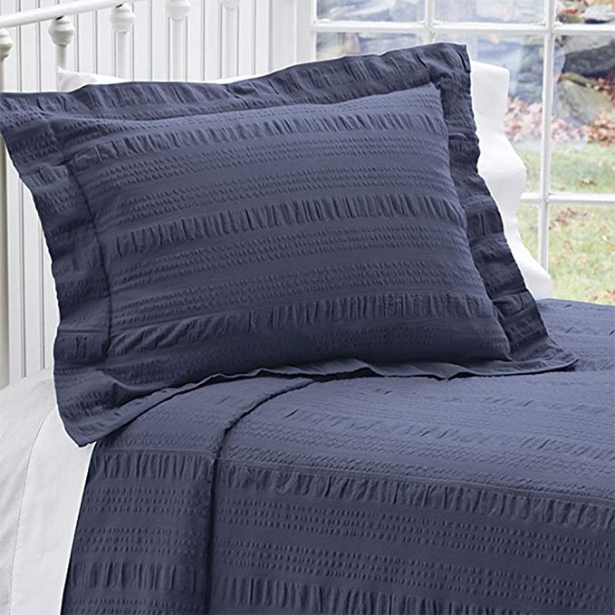 Orvis Solid Seersucker Bedspread/Only Queen, Navy Blue,