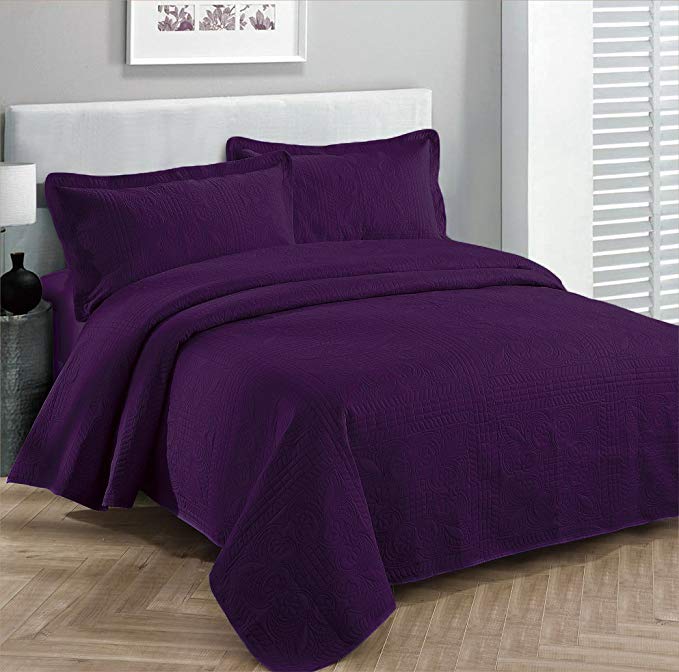 Fancy Collection 3pc Luxury Bedspread Coverlet Embossed Bed Cover Solid Drak Purple New Over Size 118