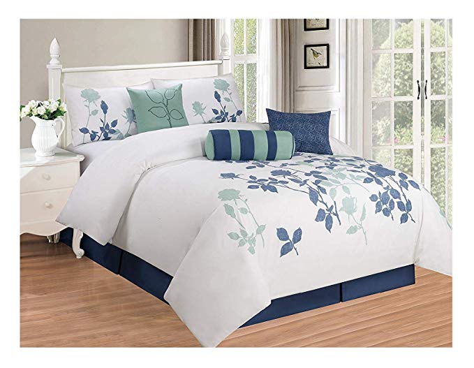 All American Collection 7-Piece Embroidered Queen Oversized Comforter Set | White, Blue, Aqua | Botanical &Floral