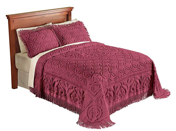 Collections Etc Victoria Plush Chenille Ring-Style Fringe Lightweight Bedspread, Burgundy, Queen