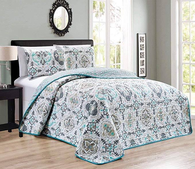 3-Piece KING / CAL KING Abstract / Solid Blue Grey Reversible Bedspread Embossed Coverlet set Bed Cover