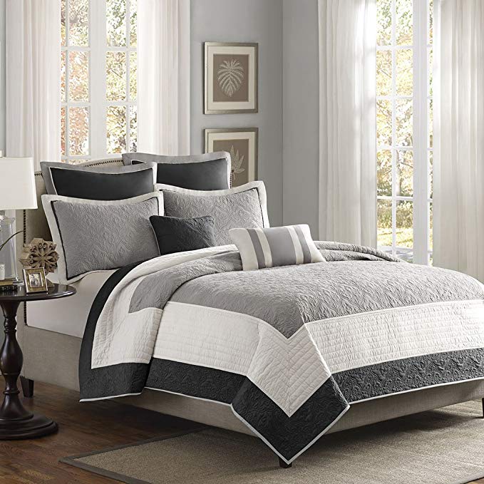 Madison Park Attingham Full/Queen Size Quilt Bedding Set - Grey, Patterned Colorblock – 7 Piece Bedding Quilt Coverlets – Ultra Soft Microfiber Bed Quilts Quilted Coverlet