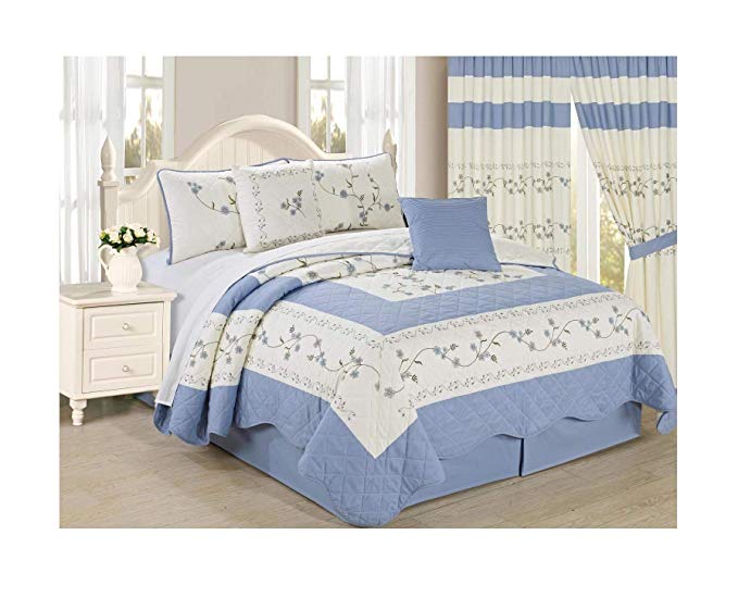 All American Collection New 6pc Embroided Floral Bedspread/Quilt Set (King Size, Light Blue)