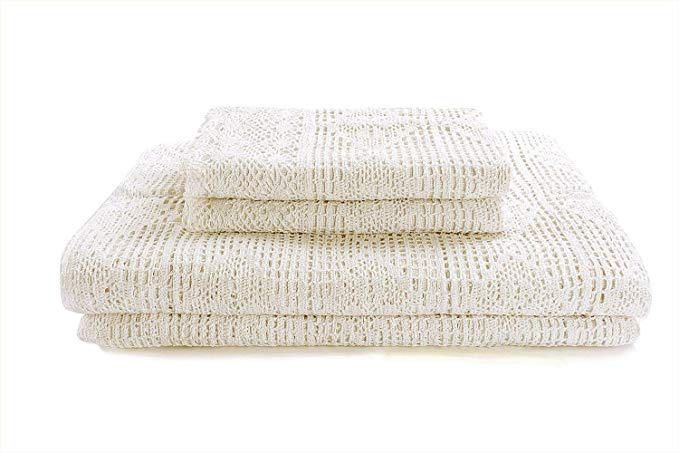 Hughapy Vintage American Cotton Bedding Thread Imitation of Hand Crochet Hook Flower Bed Cover Beige Lace Bed Spread Blanket Pillowcases Queen 3-Piece