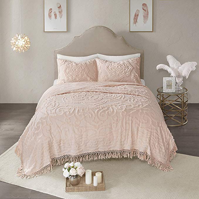 Laetitia 3-Piece Cotton Chenille Medallion Fringe Coverlet Set Blush Full/Queen