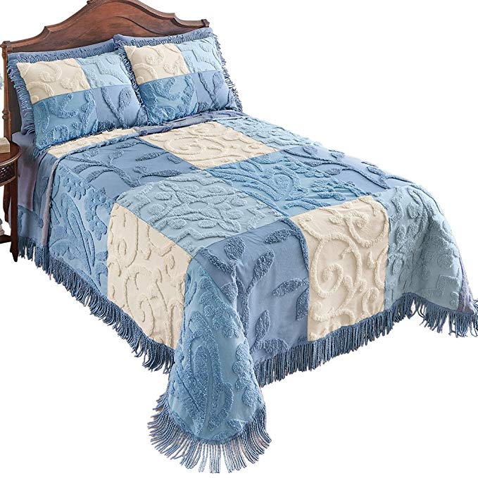 Collections Etc Blair Chenille Patchwork Bedspread, Blue, Queen