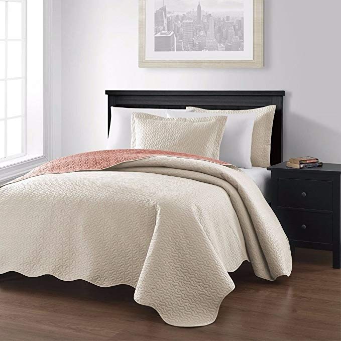 Chezmoi-Collection-Mesa-3-piece-Oversized-Reversible-Coverlet-Bedspread Ivory/Salmon King Size