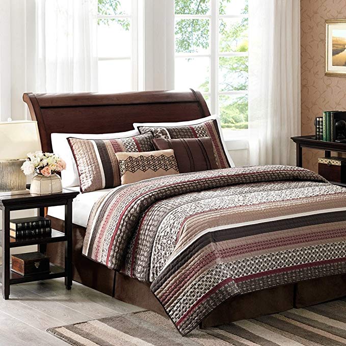 5 Piece Deep Burgundy Dark Brown Tan Red Southwest Coverlet Full Queen Set, Southwestern Bedding Tribal Native American Colors, Lodge Cabin Themed Jacquard Pattern, Polyester Cotton