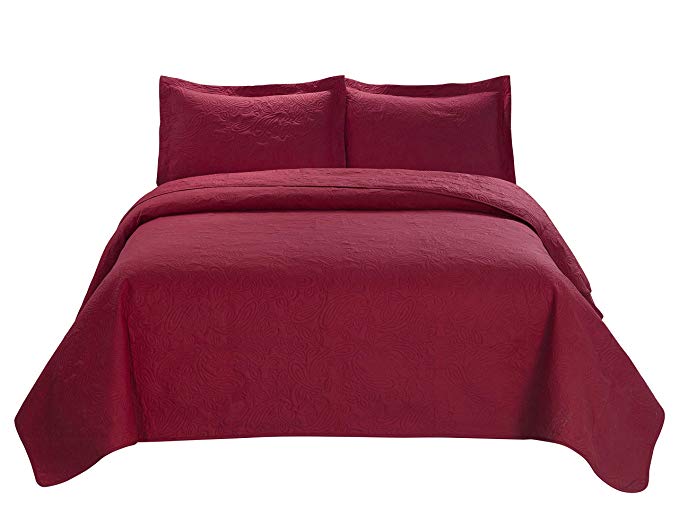 3 Piece MIKANOS Ultrasonic Embossed Bedspread Set-Oversized Coverlet 100x106in, 118x106in (Queen, Red)