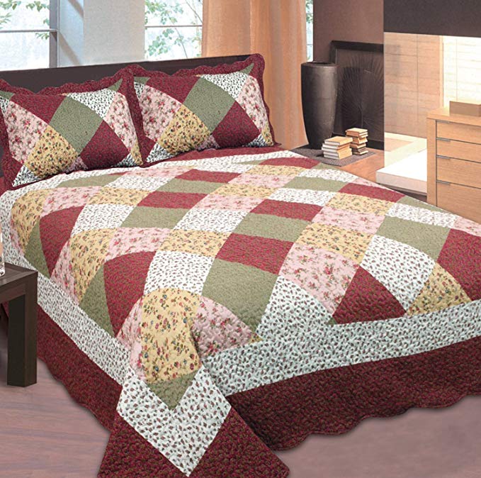 Fancy Collection 3pc Full/Queen Size Quilted Bedspread Coverlet Set Patchwork Floral Burgundy Off White Pink Beige New