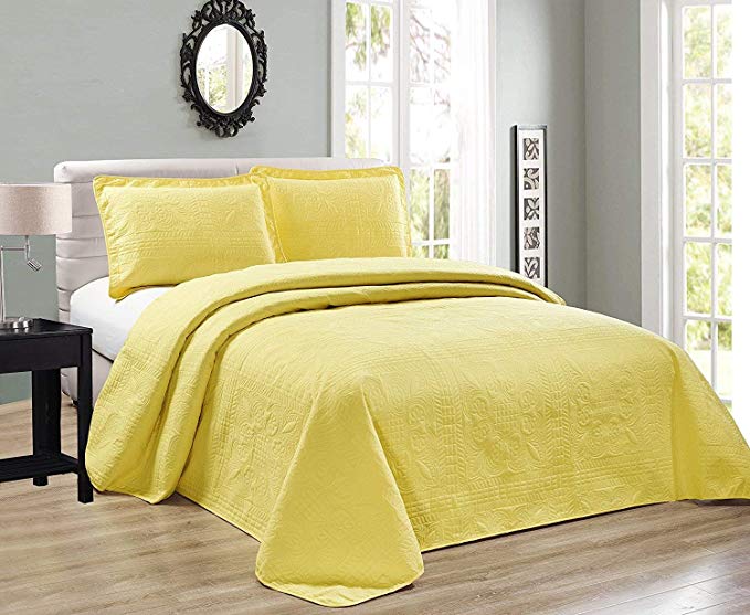 Elegant Home Beautiful Over Sized Yellow Solid Color Embossed Floral Striped 3 Piece Queen / Full Size Coverlet Bedspread (Queen / Full, Yellow)