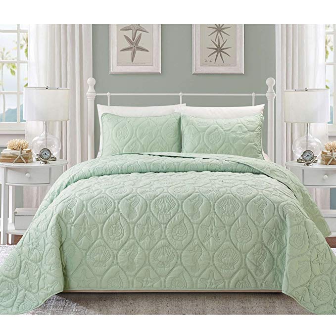 3 Piece Seafoam Green Embossed Seashell Themed Bedspread Cal King Set, Beautiful Classic Coastal Seahorse Bedding, Hexagon Textured Summer Vacation Ocean Beach Sea Shell Shore Star Fish Pattern Mint