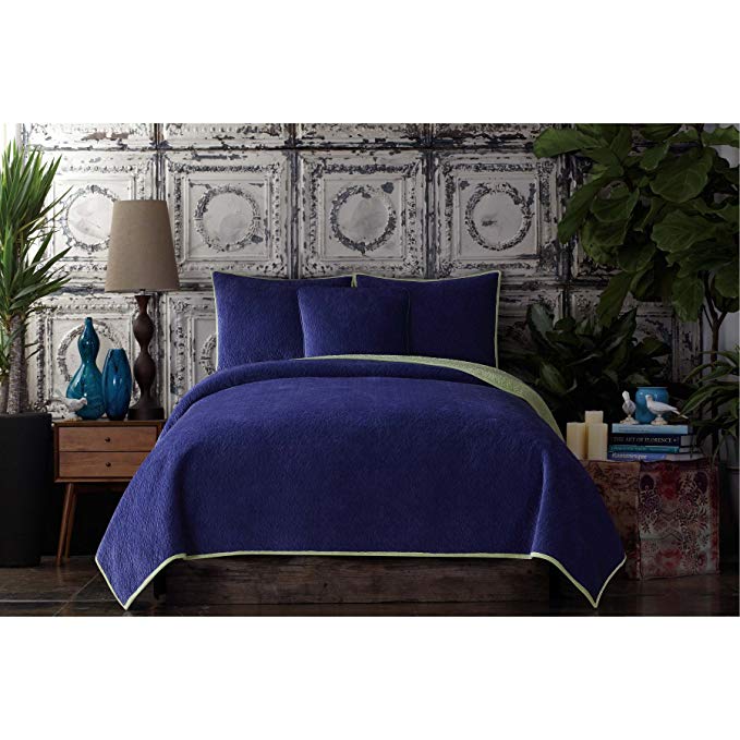 Poetic Wanderlust by Tracy Porter BQ2091PHKC-4400 Solid Reversible Velvet Coverlet, King, Deep Blue and Sea Mist Green