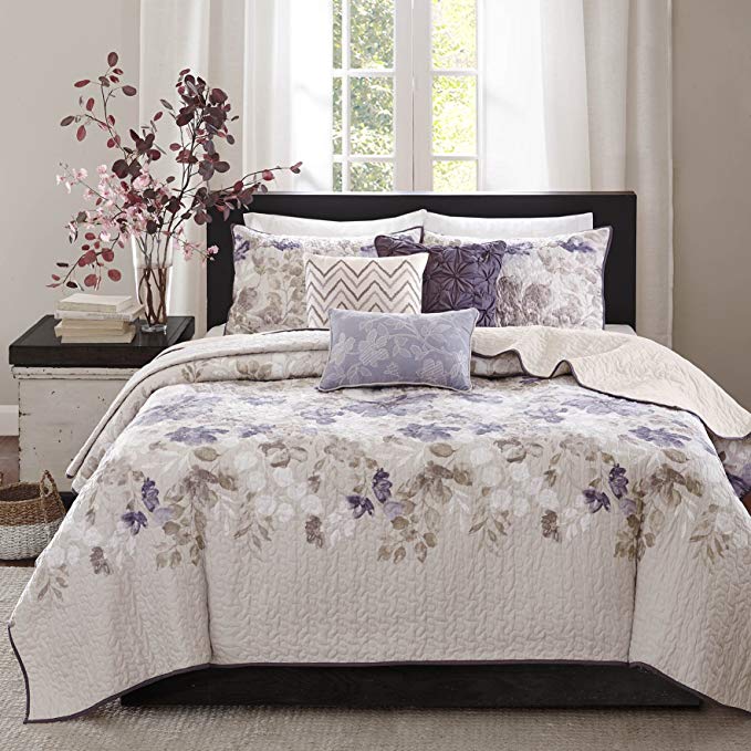 Madison Park Luna Full/Queen Size Quilt Bedding Set - Taupe, Purple, Floral, Leaf – 6 Piece Bedding Quilt Coverlets – Ultra Soft Microfiber With Cotton Filling Bed Quilts Quilted Coverlet