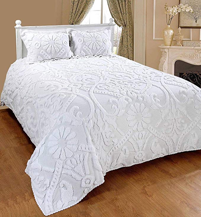 Saral Home Fashions Relief Chenille Bedspread Sham, King, White (Bedspread-118x118 inches, Sham-26x20+2 inches)