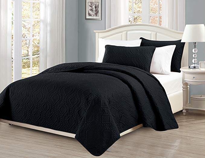 Fancy Collection 3pc King/California King Oversize Bedspread Coverlet Set Embossed Solid Black New