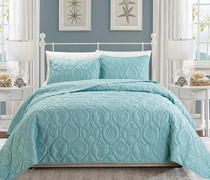 Everrouge Coral 3 Piece Bedspread Set, Light Blue Queen