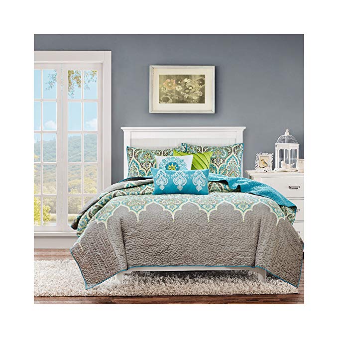 Madison Park Nisha King/Cal King Size Quilt Bedding Set - Grey Teal, Paisley – 6 Piece Bedding Quilt Coverlets – 100% Cotton Bed Quilts Quilted Coverlet