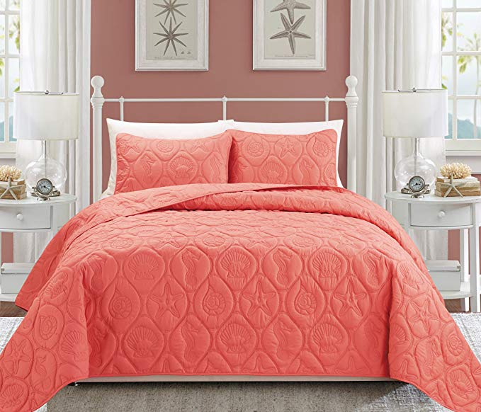 Everrouge Coral 3 Piece Bedspread Set, Peach Queen