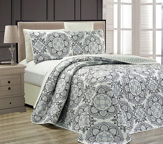 Mk Collection 3pc King Oversize Reversible Quilted Bedspread Set Floral Gray White Black New